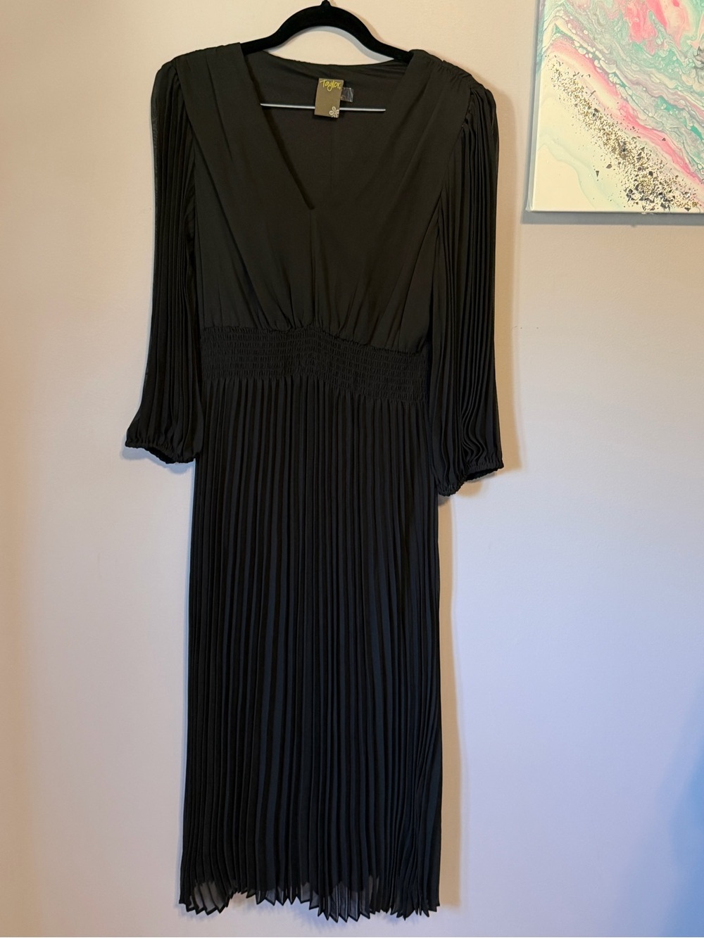 Taylor Black Pleated Midi Dress | Size 8 Like New